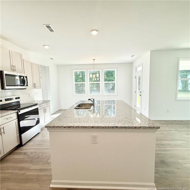 132 Cahill, Home, Raeford, NC 28376 - kitchen with stainless steel appliances, a sink, light wood-type flooring, a center island with sink, and light stone countertops