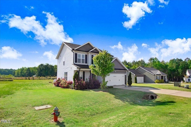 traditional home featuring a garage, board and batten siding, a front lawn, and concrete driveway