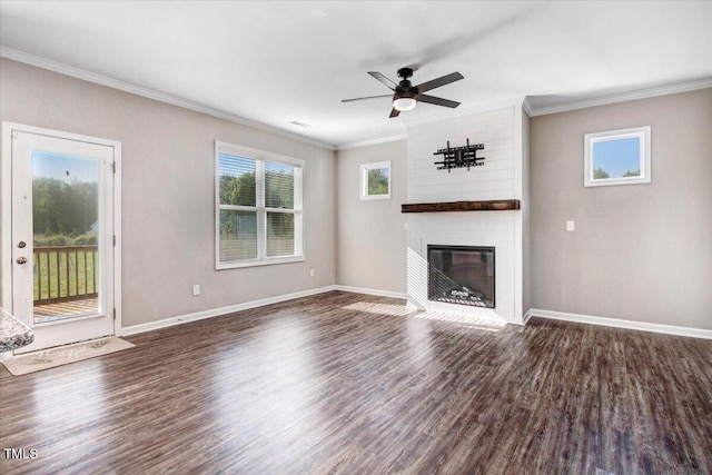 unfurnished living room featuring wood finished floors, ceiling fan, crown molding, and baseboards