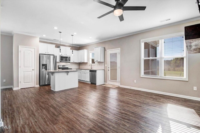kitchen with a kitchen breakfast bar, ceiling fan, stainless steel appliances, a kitchen island, and open floor plan