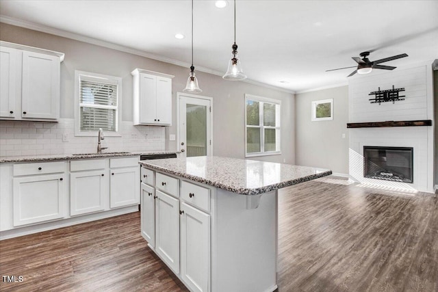 kitchen with white cabinets, ornamental molding, dark wood-style flooring, a sink, and open floor plan