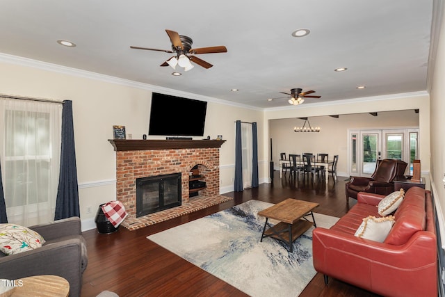 7901 Farnham Ct, Raleigh, NC 27615 - living room with recessed lighting, ceiling fan, wood finished floors, and a fireplace