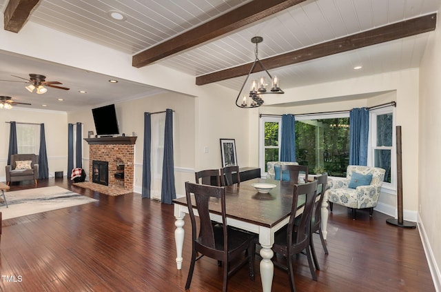 7901 Farnham Ct, Raleigh, NC 27615 - dining space featuring wood-type flooring, ceiling fan with notable chandelier, beam ceiling, and a fireplace