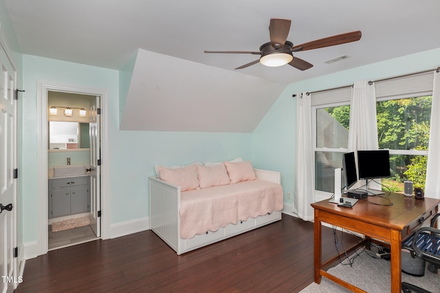 7901 Farnham Ct, Raleigh, NC 27615 - bedroom featuring a ceiling fan, visible vents, vaulted ceiling, wood finished floors, and ensuite bathroom