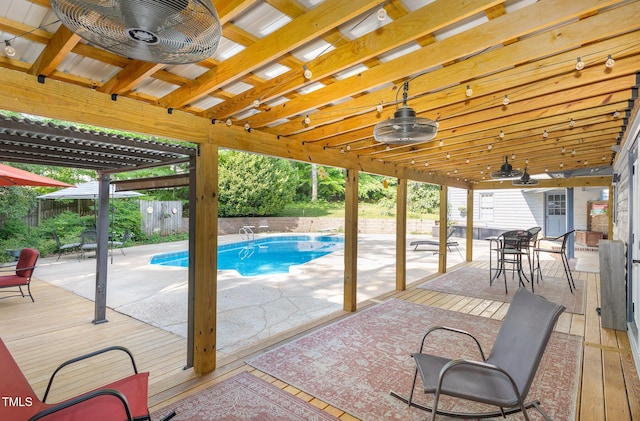 7901 Farnham Ct, Raleigh, NC 27615 - view of swimming pool with ceiling fan, a fenced in pool, a fenced backyard, a patio, and a pergola
