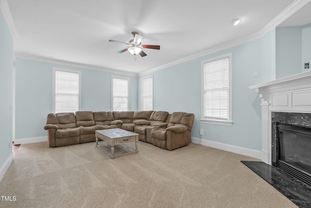 living area featuring baseboards, light carpet, a ceiling fan, and a premium fireplace