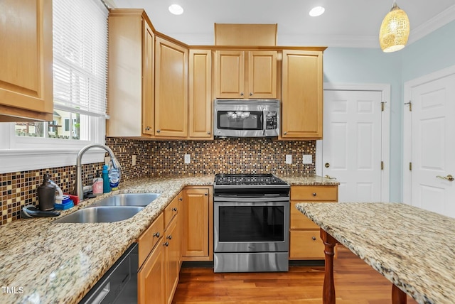 kitchen with light stone countertops, decorative backsplash, appliances with stainless steel finishes, a sink, and dark wood-type flooring