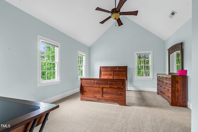 bedroom with visible vents, high vaulted ceiling, carpet flooring, and baseboards