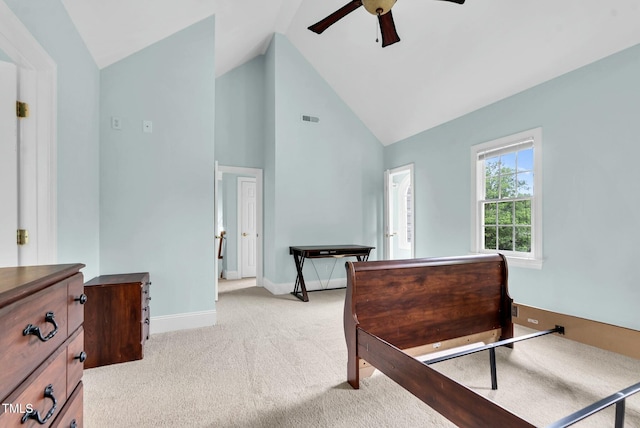 bedroom with carpet flooring, visible vents, baseboards, a ceiling fan, and high vaulted ceiling