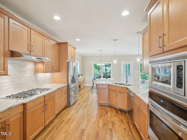 4125 Enfield Ridge Dr, Cary, NC 27519 - kitchen with stainless steel appliances, a sink, light wood-type flooring, tasteful backsplash, and under cabinet range hood