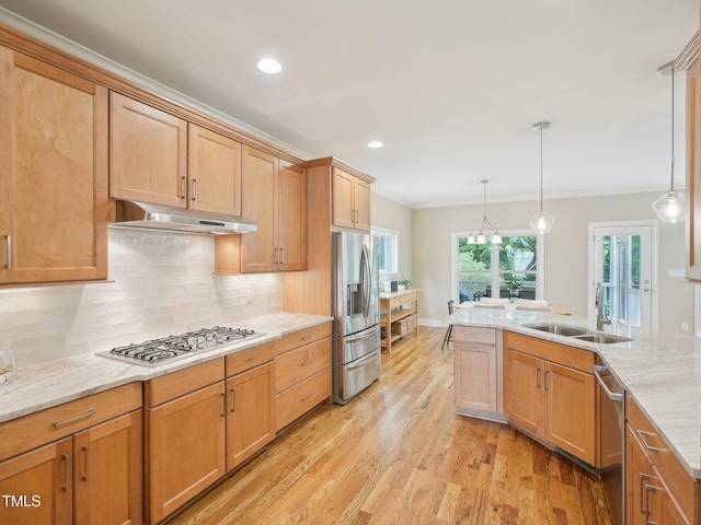 4125 Enfield Ridge Dr, Cary, NC 27519 - kitchen with stainless steel appliances, a sink, under cabinet range hood, backsplash, and light wood-type flooring