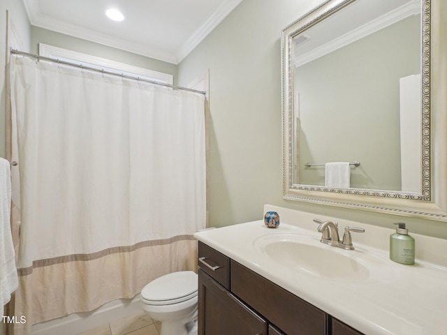 4125 Enfield Ridge Dr, Cary, NC 27519 - bathroom featuring toilet, ornamental molding, vanity, shower / bath combo with shower curtain, and tile patterned flooring