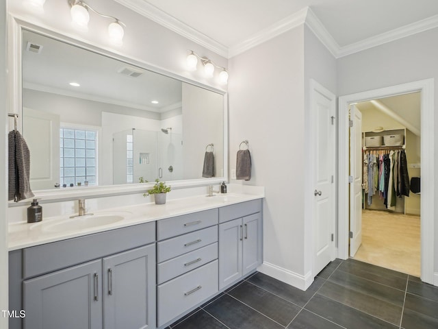 4125 Enfield Ridge Dr, Cary, NC 27519 - full bath featuring a shower stall, tile patterned flooring, double vanity, crown molding, and baseboards