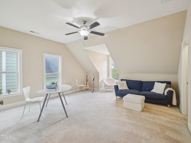 4125 Enfield Ridge Dr, Cary, NC 27519 - living area with light carpet, a ceiling fan, lofted ceiling, and baseboards