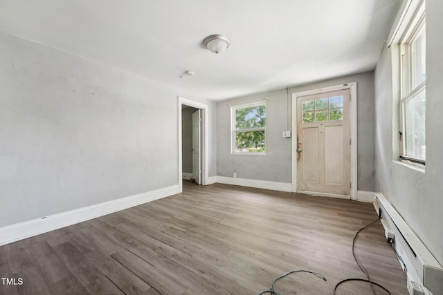 entryway featuring baseboard heating, wood finished floors, and baseboards