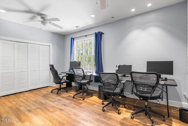 7348 NC-222 Hwy, Stantonsburg, NC 27883 - office space featuring recessed lighting, wood finished floors, visible vents, a ceiling fan, and baseboards