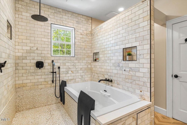 7348 NC-222 Hwy, Stantonsburg, NC 27883 - full bathroom with tiled shower, tile patterned flooring, and a bath