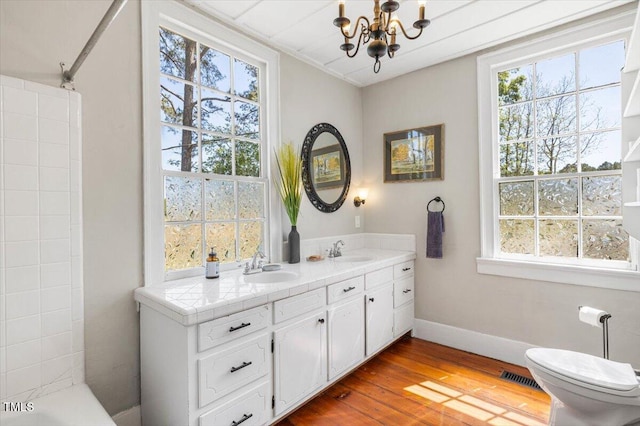 7348 NC-222 Hwy, Stantonsburg, NC 27883 - bathroom with a chandelier, wood finished floors, a wealth of natural light, and a sink