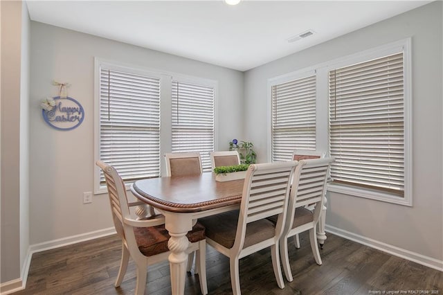 dining room with baseboards, visible vents, and dark wood-style floors