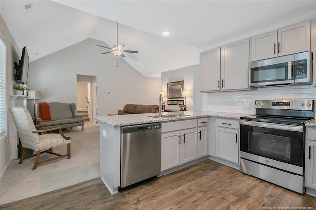 kitchen with a sink, open floor plan, stainless steel appliances, a peninsula, and lofted ceiling