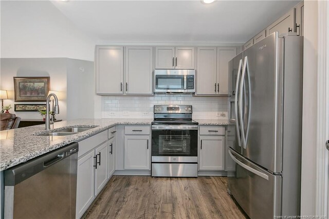 kitchen with dark wood finished floors, appliances with stainless steel finishes, light stone countertops, and a sink