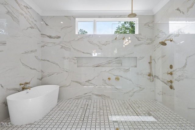 bathroom with a freestanding tub and a marble finish shower