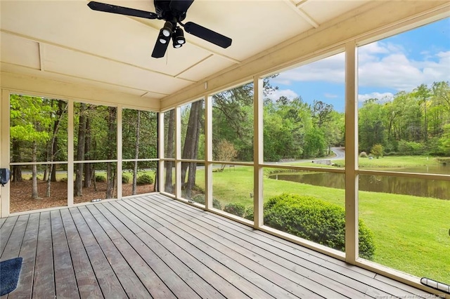 1619 Stonegate N, Sanford, NC 27332 - unfurnished sunroom featuring a ceiling fan and a water view