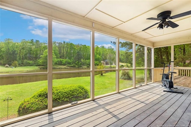 1619 Stonegate N, Sanford, NC 27332 - unfurnished sunroom featuring a water view and a ceiling fan