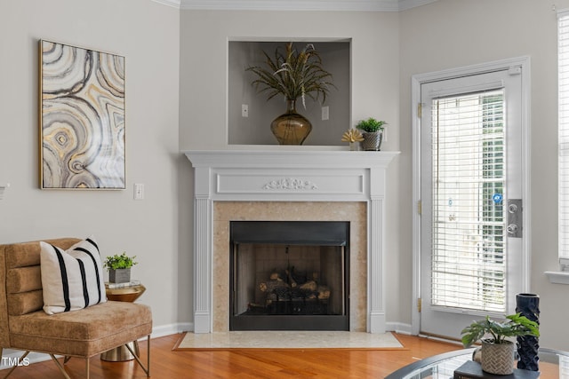 detailed view of a fireplace with flush hearth, wood finished floors, crown molding, and baseboards