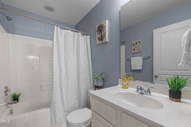 full bath featuring vanity, toilet, and shower / bathtub combination with curtain