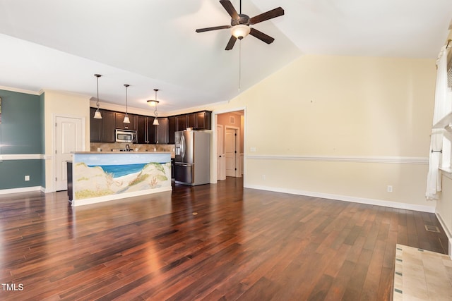 71 Potted Plant Ct, Clayton, NC 27520 - unfurnished living room with dark wood-type flooring, a ceiling fan, baseboards, and lofted ceiling