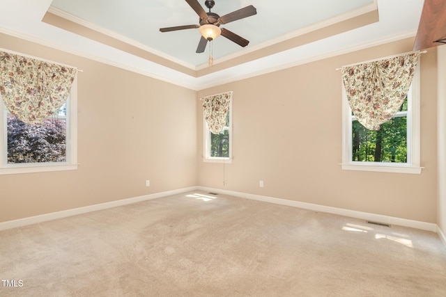 71 Potted Plant Ct, Clayton, NC 27520 - carpeted spare room featuring crown molding, visible vents, a tray ceiling, and a healthy amount of sunlight