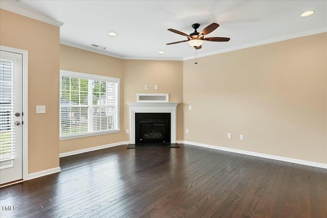 225 Gulley Glen Dr, Garner, NC 27529 - unfurnished living room with dark wood-style floors, a ceiling fan, visible vents, baseboards, and ornamental molding