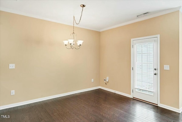 225 Gulley Glen Dr, Garner, NC 27529 - empty room with an inviting chandelier, dark wood-style flooring, crown molding, visible vents, and baseboards