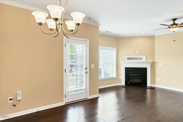225 Gulley Glen Dr, Garner, NC 27529 - unfurnished living room featuring dark wood-style flooring, baseboards, ornamental molding, and ceiling fan with notable chandelier