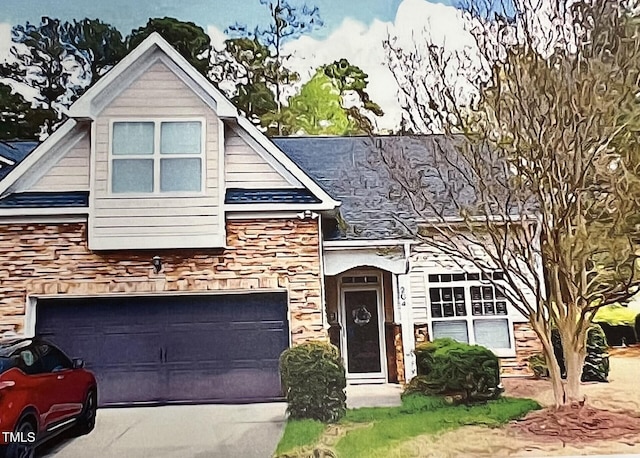 view of front of home featuring concrete driveway, an attached garage, and stone siding