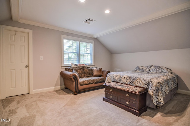 bedroom with visible vents, baseboards, recessed lighting, light colored carpet, and vaulted ceiling