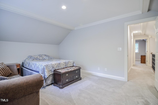 bedroom featuring crown molding, light carpet, recessed lighting, baseboards, and lofted ceiling