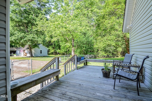 wooden deck featuring a lawn and a fenced backyard