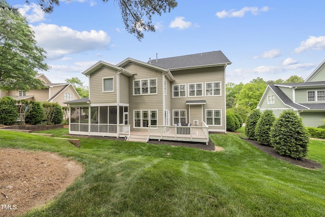 925 Hidden Jewel Ln, Wake Forest, NC 27587 - rear view of house featuring a sunroom, a lawn, and a deck