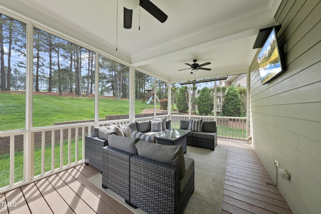 925 Hidden Jewel Ln, Wake Forest, NC 27587 - wooden deck with ceiling fan, outdoor lounge area, a playground, and a yard