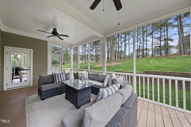 925 Hidden Jewel Ln, Wake Forest, NC 27587 - wooden terrace with a ceiling fan, outdoor lounge area, and a lawn