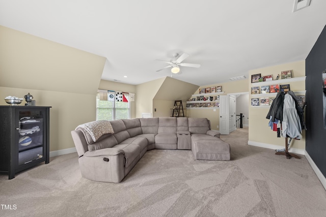 925 Hidden Jewel Ln, Wake Forest, NC 27587 - living area featuring light colored carpet, ceiling fan, lofted ceiling, and baseboards