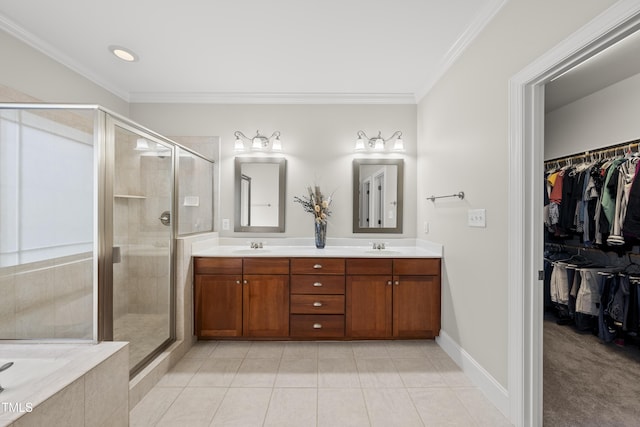 925 Hidden Jewel Ln, Wake Forest, NC 27587 - bathroom featuring a stall shower, ornamental molding, double vanity, tile patterned floors, and a bath