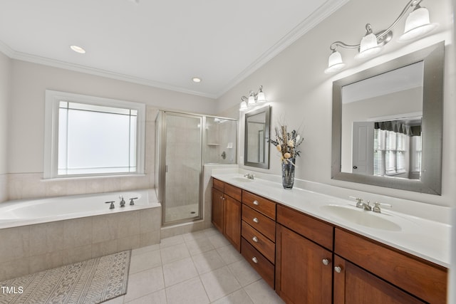 925 Hidden Jewel Ln, Wake Forest, NC 27587 - bathroom with plenty of natural light, tile patterned flooring, a shower stall, a bath, and ornamental molding