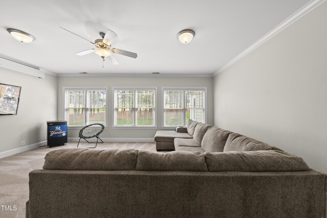 925 Hidden Jewel Ln, Wake Forest, NC 27587 - living area featuring crown molding, light carpet, a ceiling fan, baseboards, and plenty of natural light
