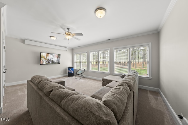 925 Hidden Jewel Ln, Wake Forest, NC 27587 - carpeted living area with baseboards, ornamental molding, and a ceiling fan