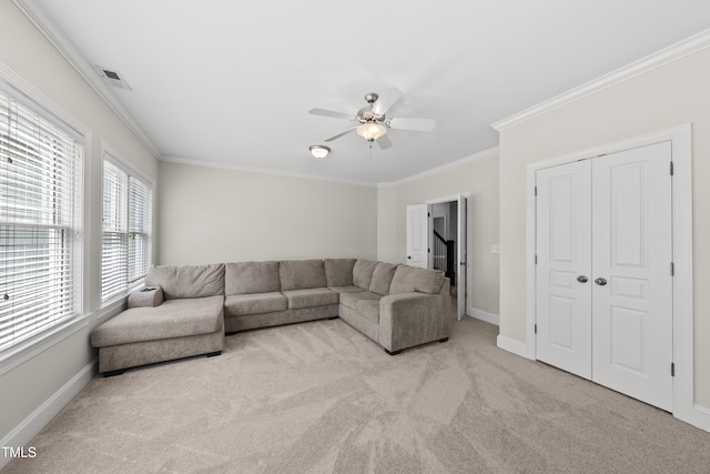 925 Hidden Jewel Ln, Wake Forest, NC 27587 - carpeted living area featuring crown molding, a ceiling fan, and baseboards