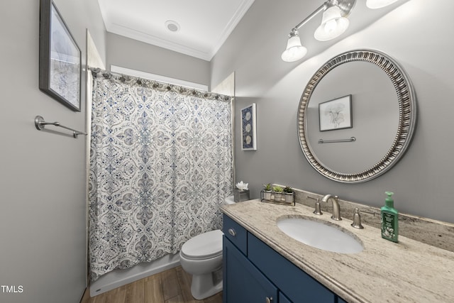 925 Hidden Jewel Ln, Wake Forest, NC 27587 - bathroom featuring crown molding, toilet, wood finished floors, vanity, and shower / tub combo