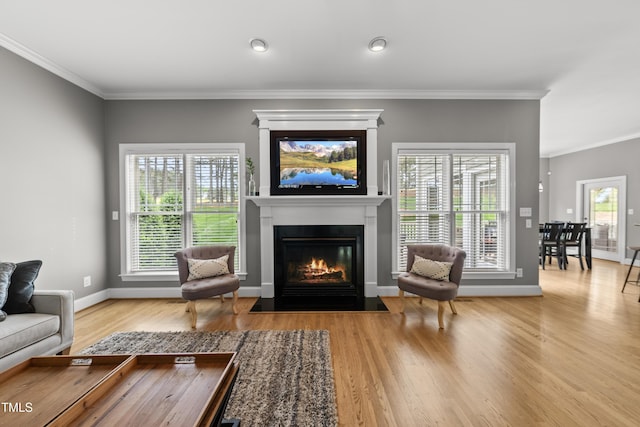 925 Hidden Jewel Ln, Wake Forest, NC 27587 - living area with ornamental molding, a fireplace with flush hearth, wood finished floors, and baseboards
